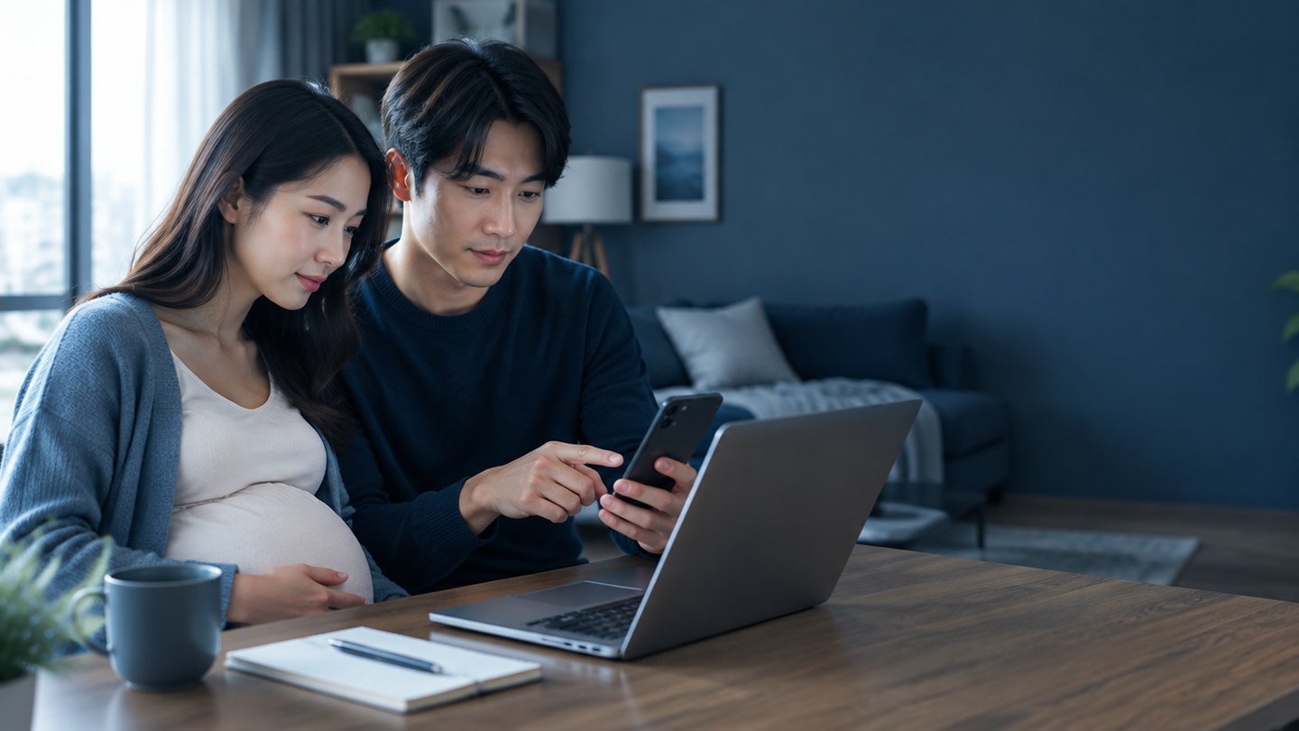 다이렉트 태아보험을 노트북과 스마트폰으로 직접 알아보는 한국인 예비 부모