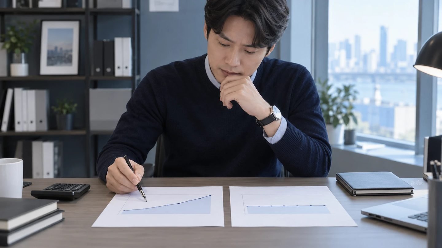 갱신형과 비갱신형 태아보험의 장기 보험료 부담을 비교 검토하는 모습